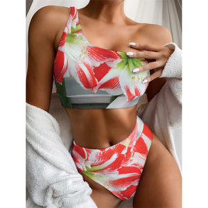 Red And White Amaryllis Print One Shoulder Bikini Top