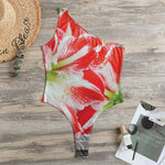 Red And White Amaryllis Print One Shoulder Bodysuit