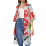 Red And White Amaryllis Print Open Front Beach Cover Up