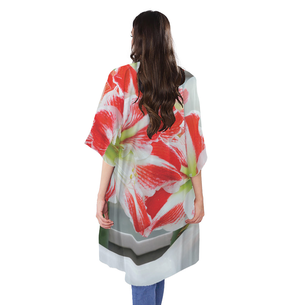 Red And White Amaryllis Print Open Front Beach Cover Up