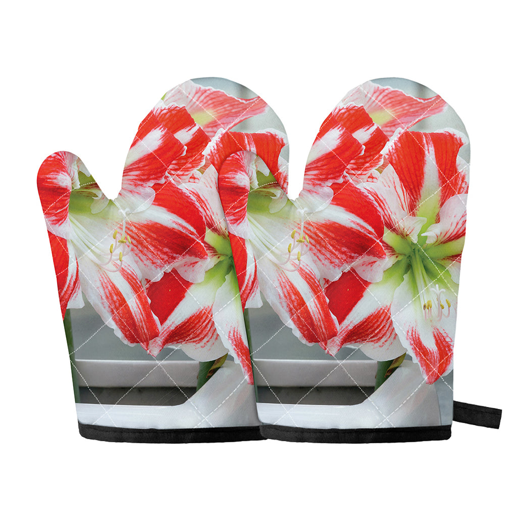 Red And White Amaryllis Print Oven Mitts