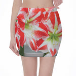 Red And White Amaryllis Print Pencil Mini Skirt
