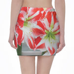 Red And White Amaryllis Print Pencil Mini Skirt