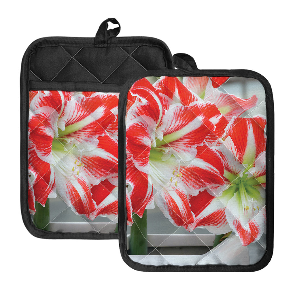 Red And White Amaryllis Print Pot Holders With Pocket