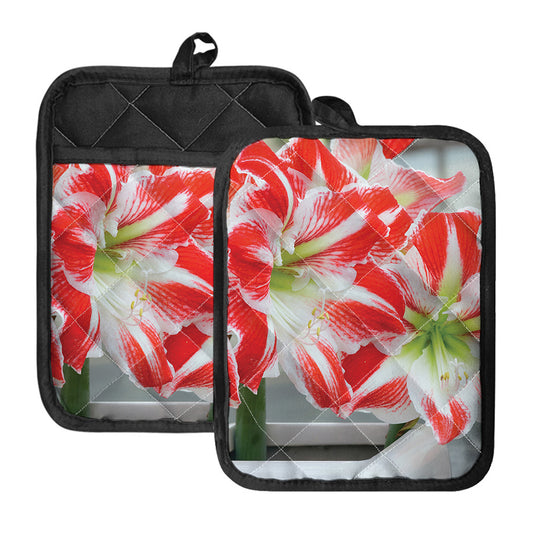 Red And White Amaryllis Print Pot Holders With Pocket