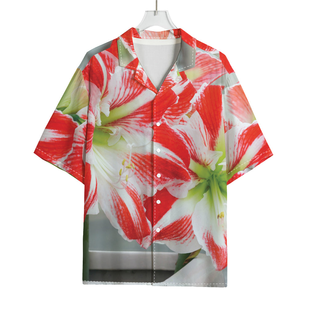 Red And White Amaryllis Print Rayon Hawaiian Shirt