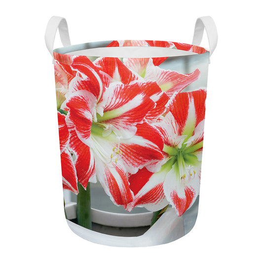 Red And White Amaryllis Print Round Laundry Basket