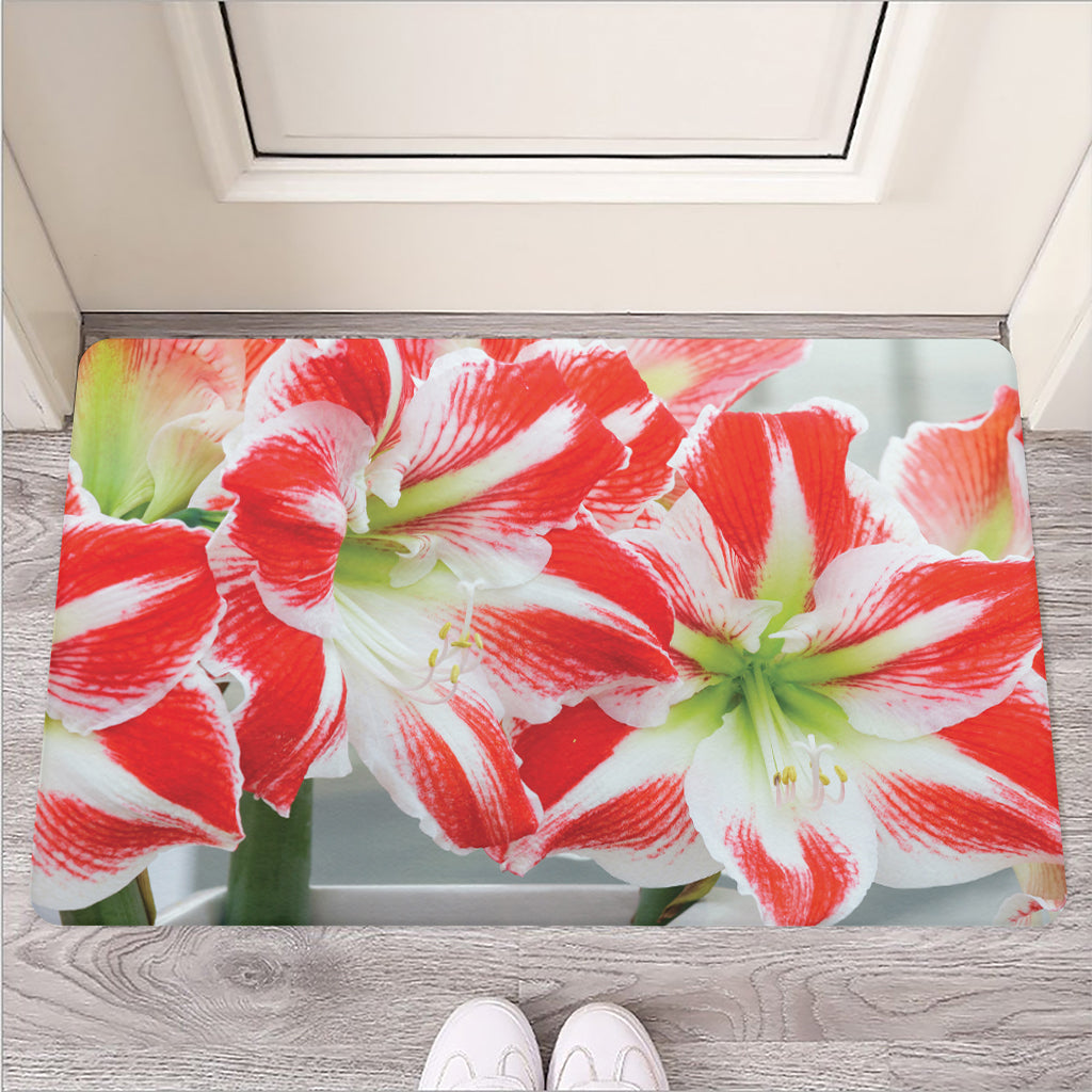 Red And White Amaryllis Print Rubber Doormat