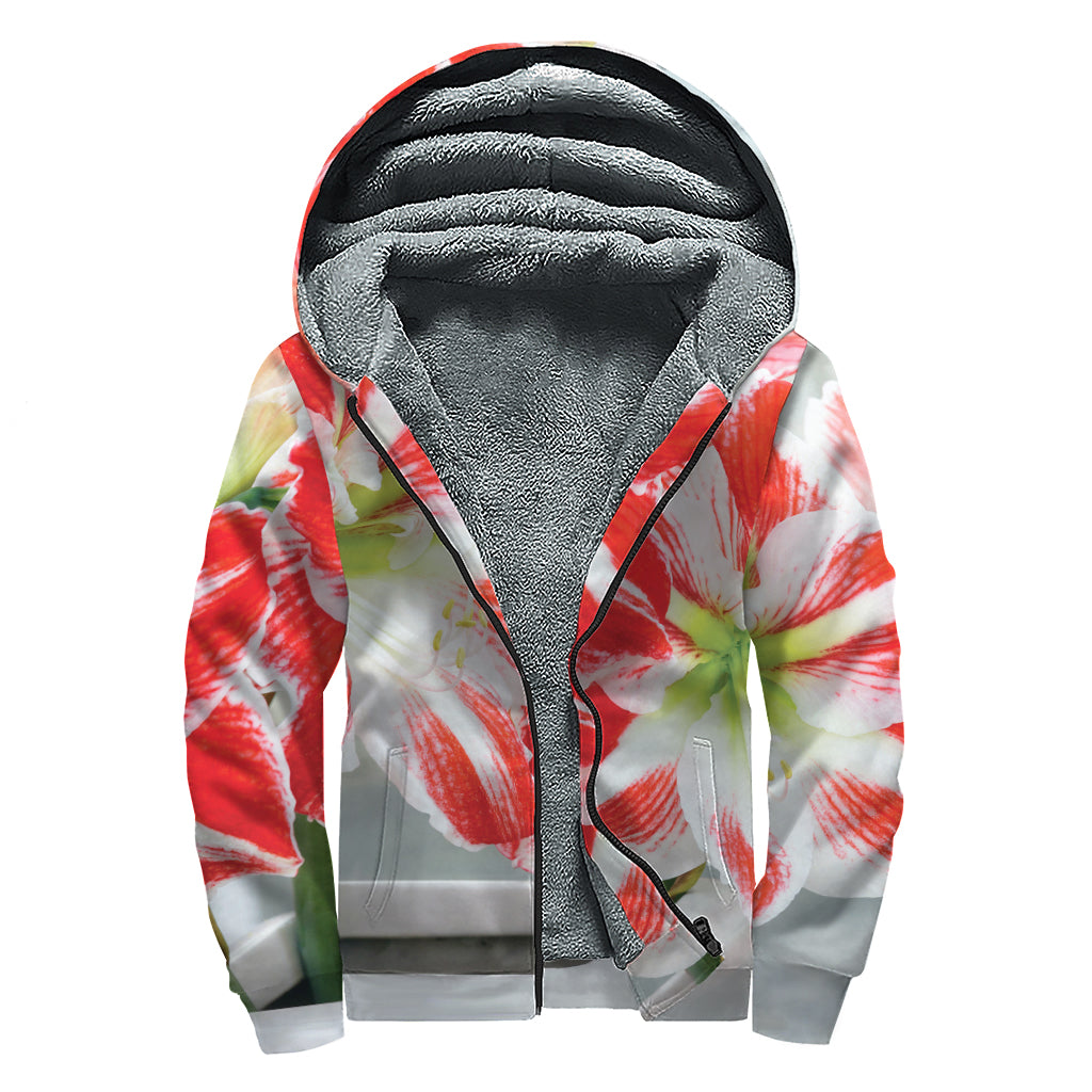 Red And White Amaryllis Print Sherpa Lined Zip Up Hoodie
