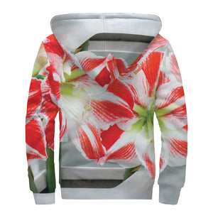 Red And White Amaryllis Print Sherpa Lined Zip Up Hoodie