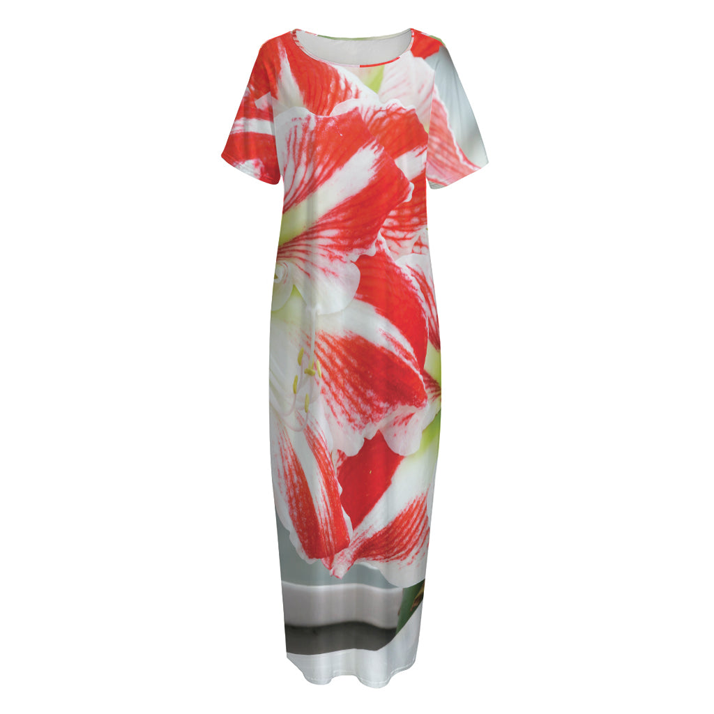 Red And White Amaryllis Print Short Sleeve Long Nightdress