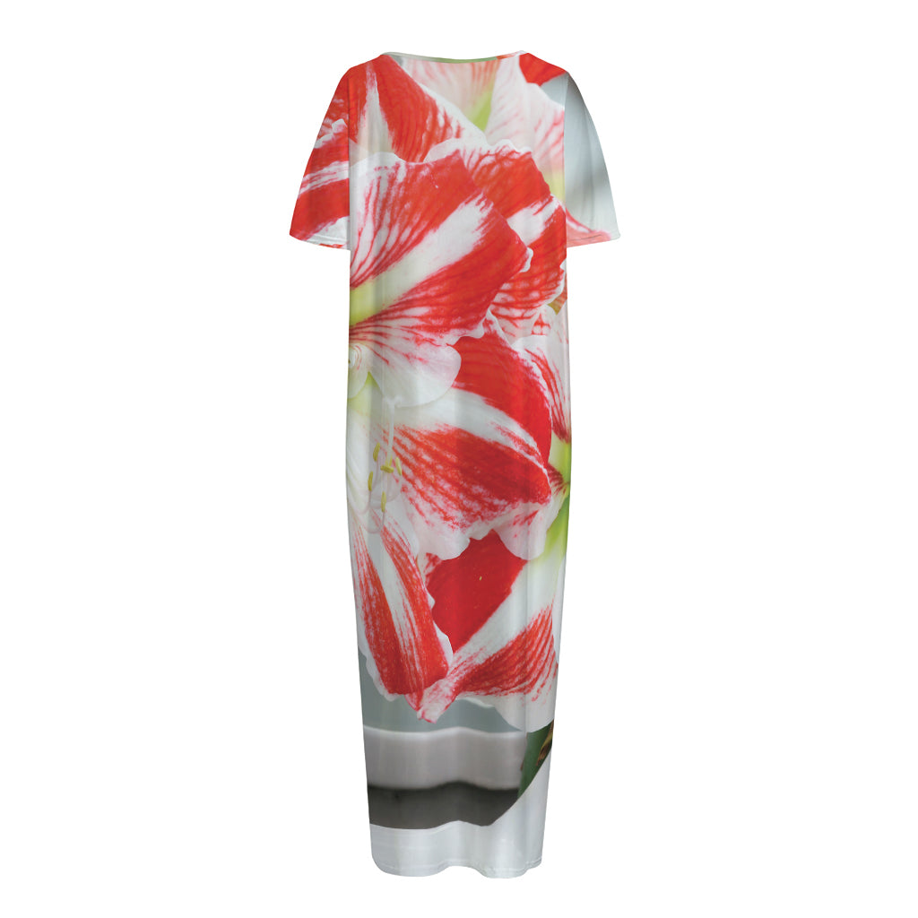 Red And White Amaryllis Print Short Sleeve Long Nightdress