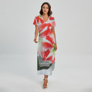 Red And White Amaryllis Print Short Sleeve Maxi Dress