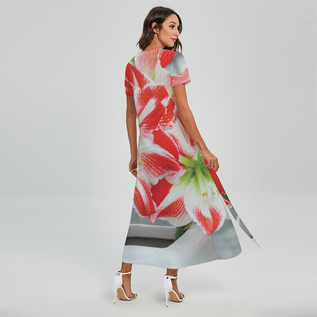 Red And White Amaryllis Print Short Sleeve Maxi Dress