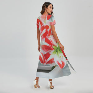 Red And White Amaryllis Print Short Sleeve Maxi Dress