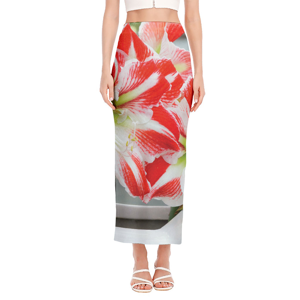 Red And White Amaryllis Print Side Slit Maxi Skirt