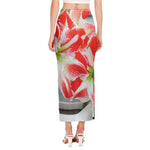 Red And White Amaryllis Print Side Slit Maxi Skirt