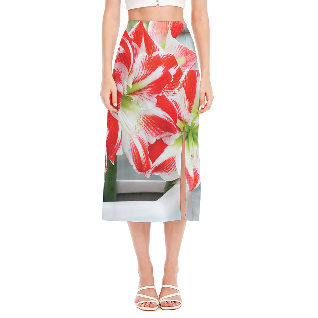 Red And White Amaryllis Print Side Slit Midi Skirt