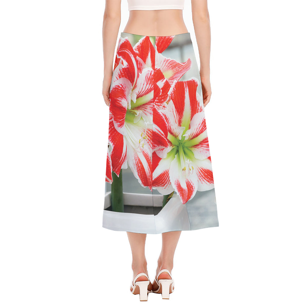 Red And White Amaryllis Print Side Slit Midi Skirt