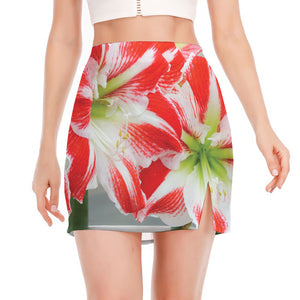 Red And White Amaryllis Print Side Slit Mini Skirt