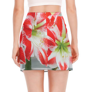 Red And White Amaryllis Print Side Slit Mini Skirt