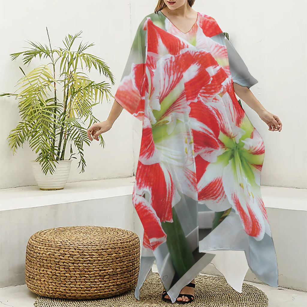 Red And White Amaryllis Print Silk V-Neck Kaftan Dress