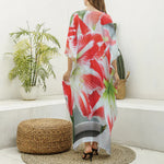 Red And White Amaryllis Print Silk V-Neck Kaftan Dress