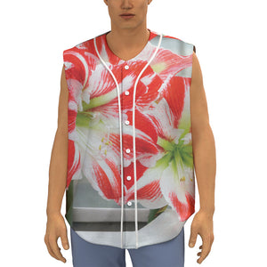 Red And White Amaryllis Print Sleeveless Baseball Jersey