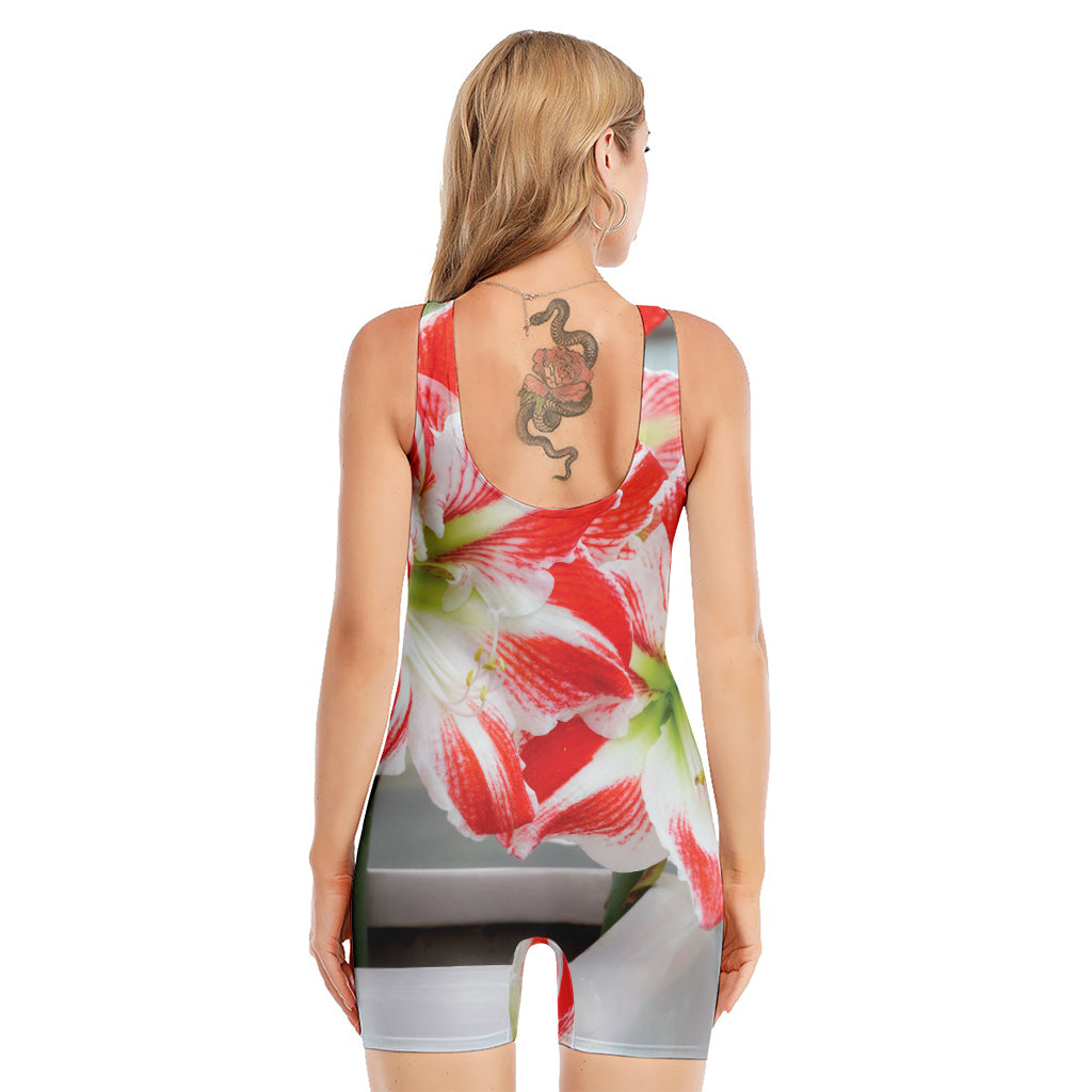 Red And White Amaryllis Print Sleeveless One Piece Swimsuit