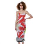 Red And White Amaryllis Print Slim Fit Midi Cami Dress