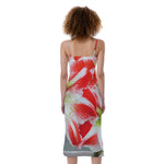 Red And White Amaryllis Print Slim Fit Midi Cami Dress