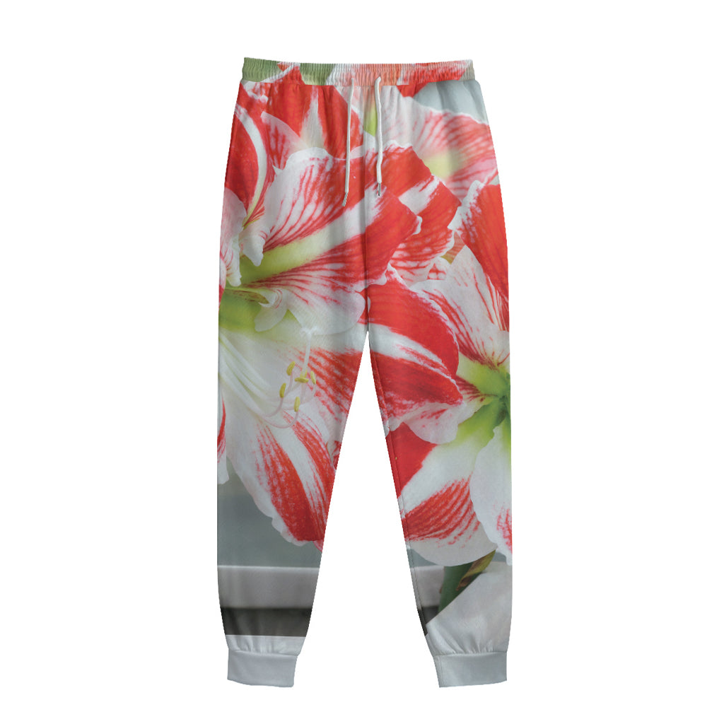 Red And White Amaryllis Print Sweatpants