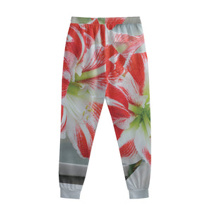 Red And White Amaryllis Print Sweatpants