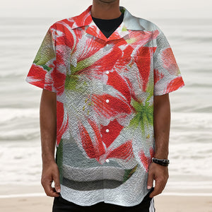 Red And White Amaryllis Print Textured Short Sleeve Shirt