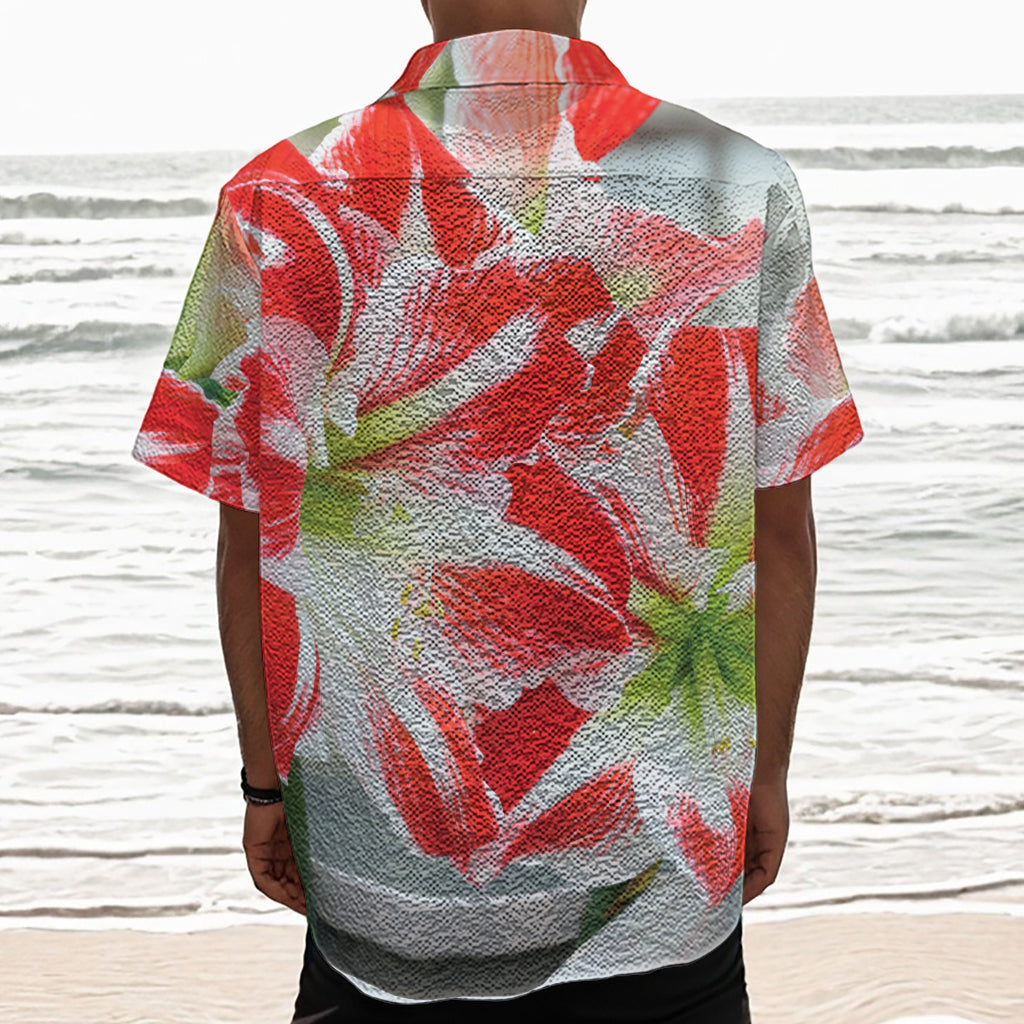 Red And White Amaryllis Print Textured Short Sleeve Shirt