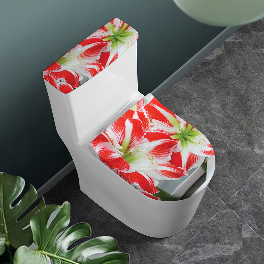 Red And White Amaryllis Print Toilet Lid And Tank Cover Set