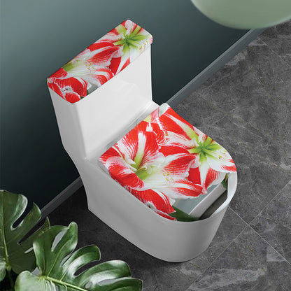Red And White Amaryllis Print Toilet Lid And Tank Cover Set
