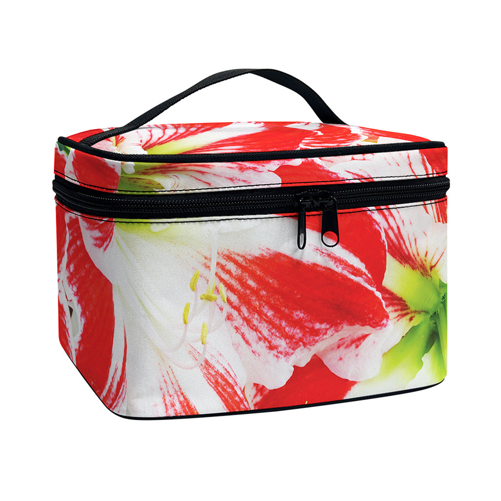 Red And White Amaryllis Print Travel Makeup Bag