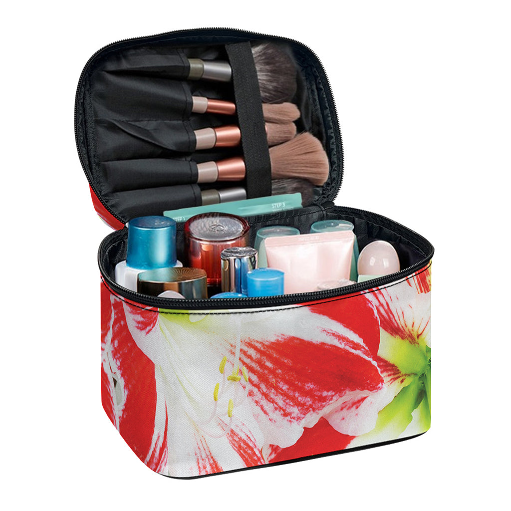 Red And White Amaryllis Print Travel Makeup Bag
