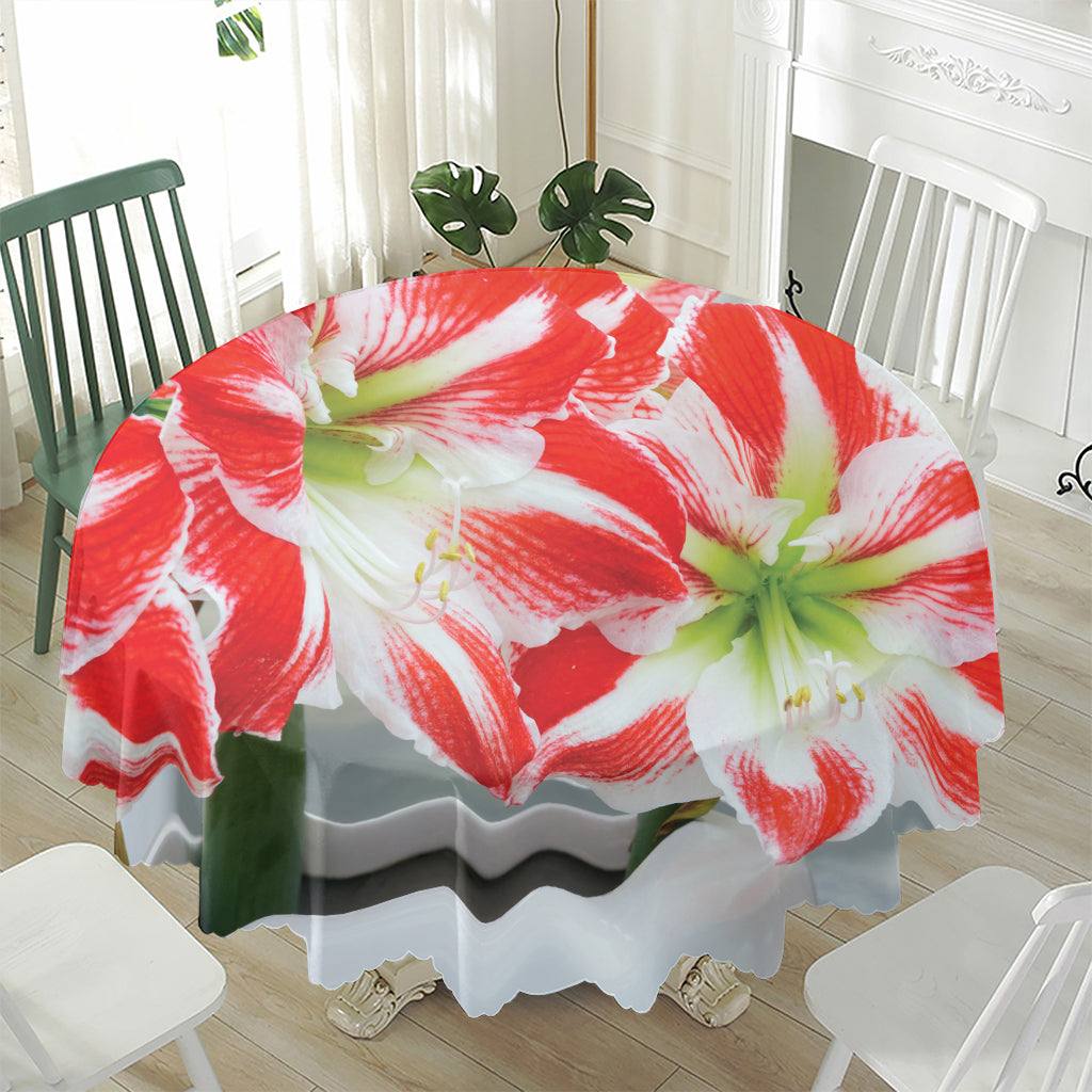 Red And White Amaryllis Print Waterproof Round Tablecloth