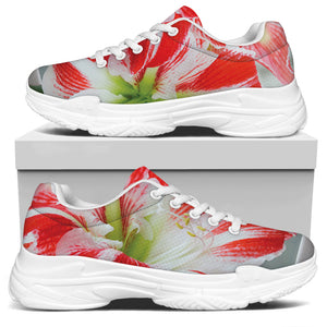 Red And White Amaryllis Print White Chunky Shoes