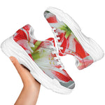 Red And White Amaryllis Print White Chunky Shoes