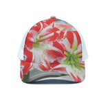 Red And White Amaryllis Print White Mesh Trucker Cap