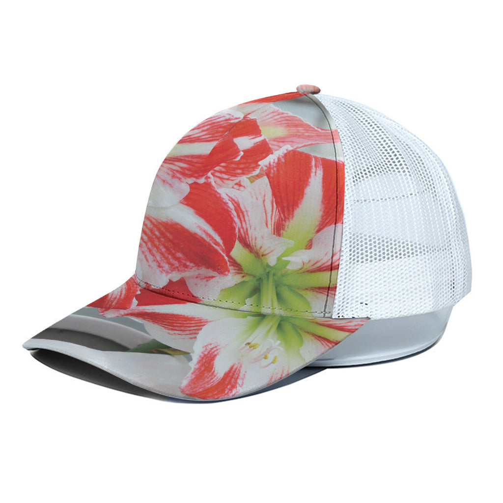 Red And White Amaryllis Print White Mesh Trucker Cap