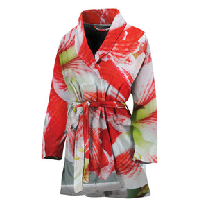 Red And White Amaryllis Print Women's Bathrobe