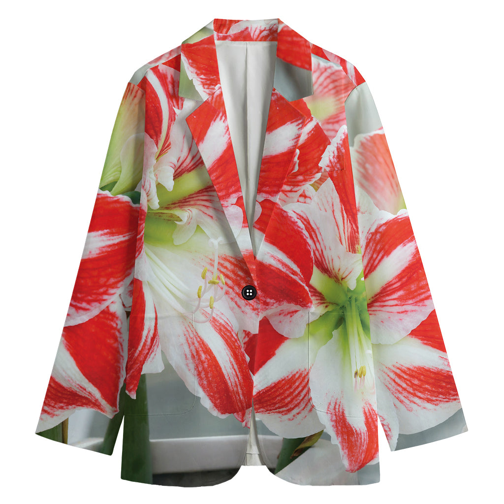 Red And White Amaryllis Print Women's Blazer