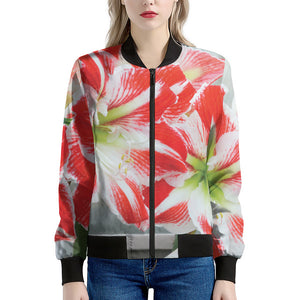 Red And White Amaryllis Print Women's Bomber Jacket