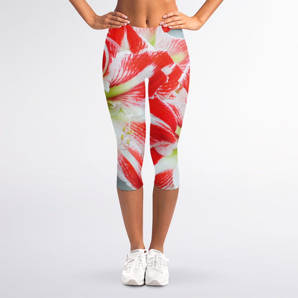 Red And White Amaryllis Print Women's Capri Leggings