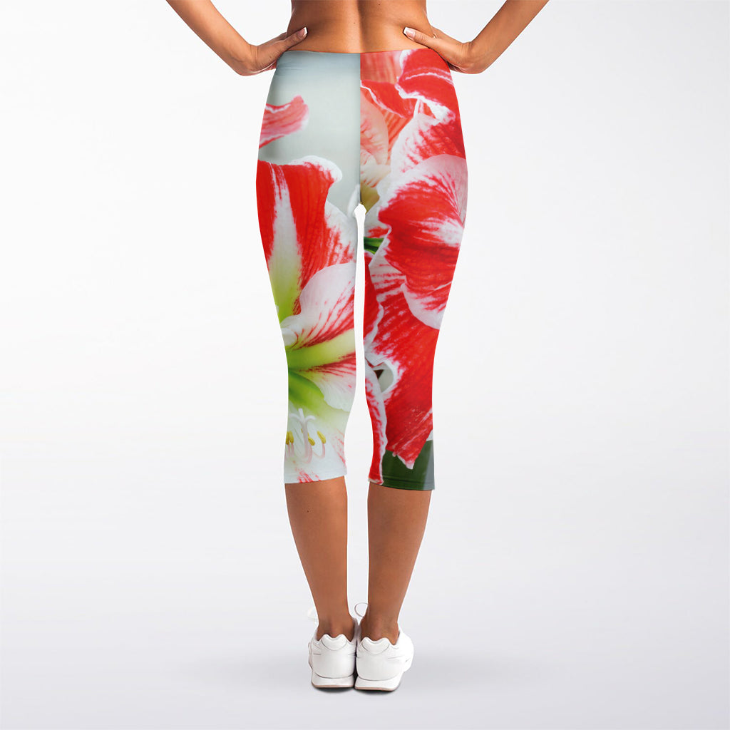 Red And White Amaryllis Print Women's Capri Leggings