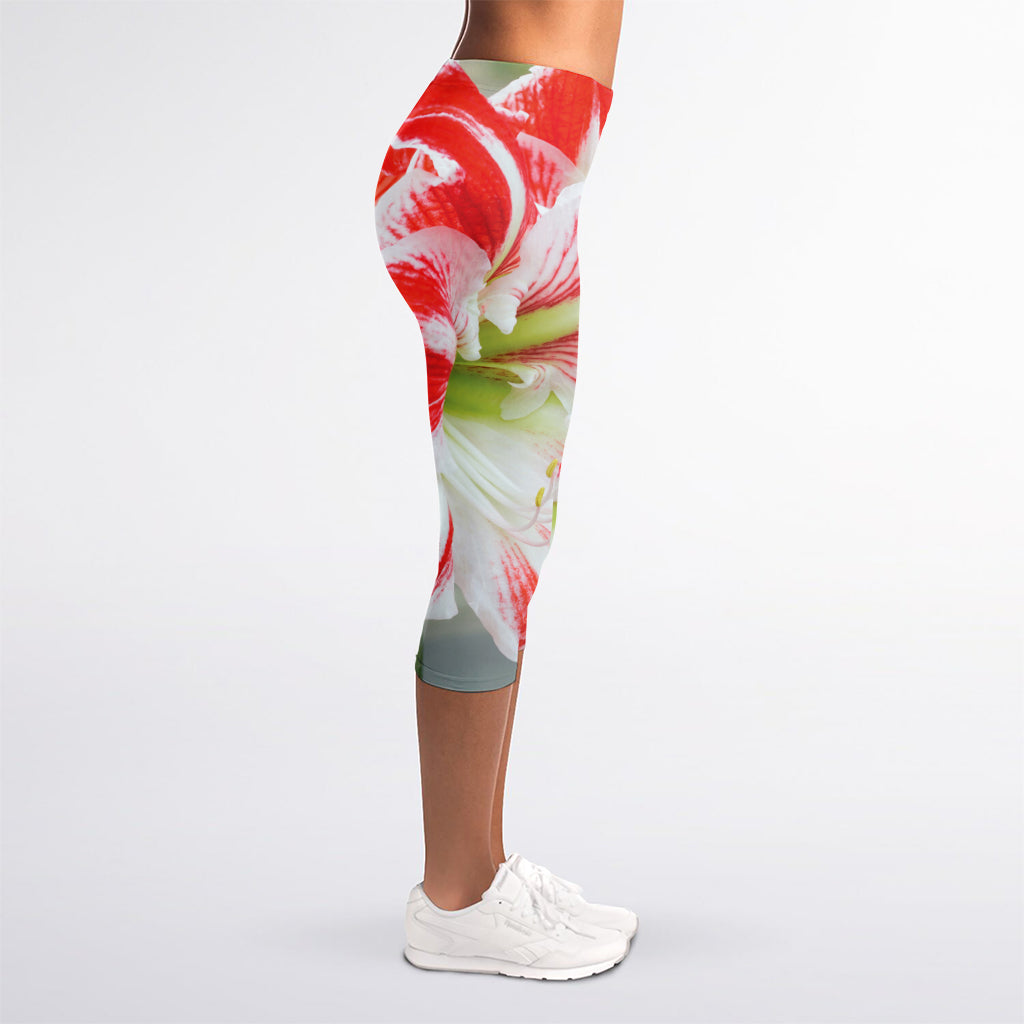 Red And White Amaryllis Print Women's Capri Leggings
